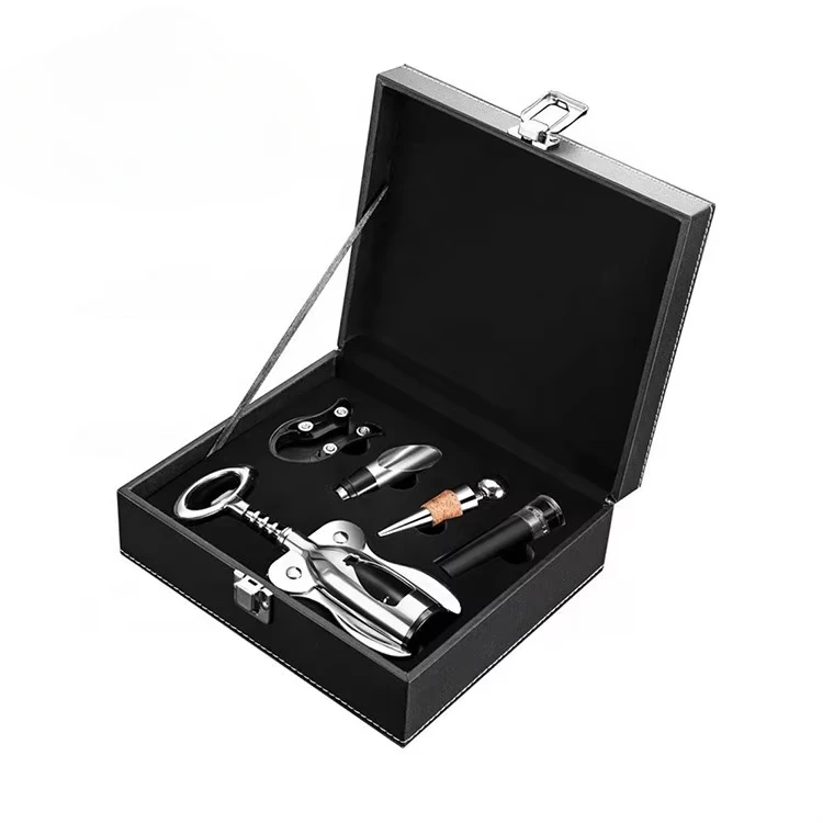 

Wholesale 4 Pieces Wine Accessories Winged Corkscrew Leather Wine Opener Set Gift Box