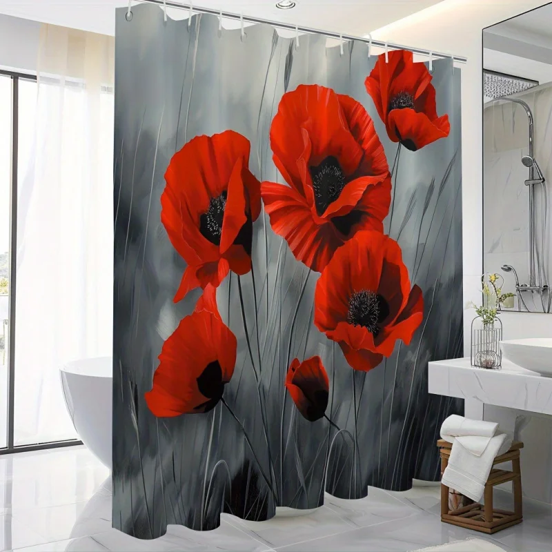 Poppy Flowers Printed Shower Curtain with 12 Hooks - Waterproof, Digitally Printed, 180.34cm x 180.34cm - Perfect for Bathroom D