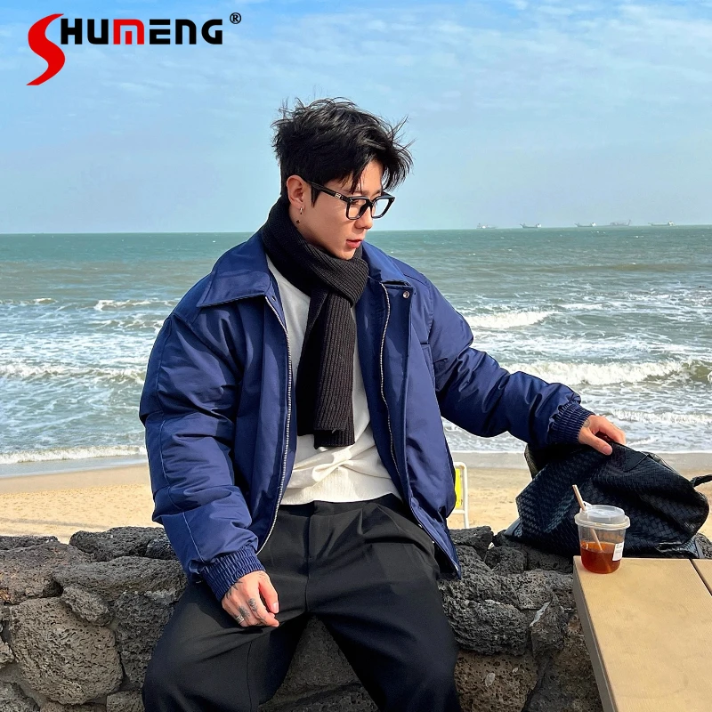 Fashion Solid Color Flight Parkas Men 2025 Winter New Stand Collar Trendy Coats Long Sleeve Simple Warm Pocket Decoration Parkas