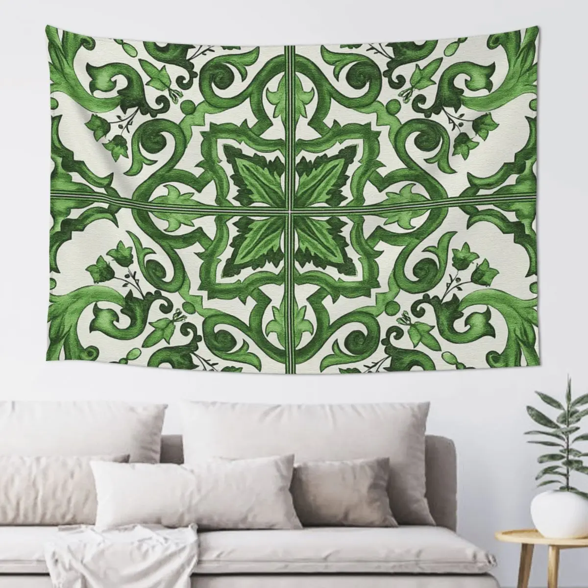 Green Ornate Floral Mediterranean Sicilian Tile Tapestry Funny Wall Hanging Aesthetic Home Decoration Tapestries for Dorm Room