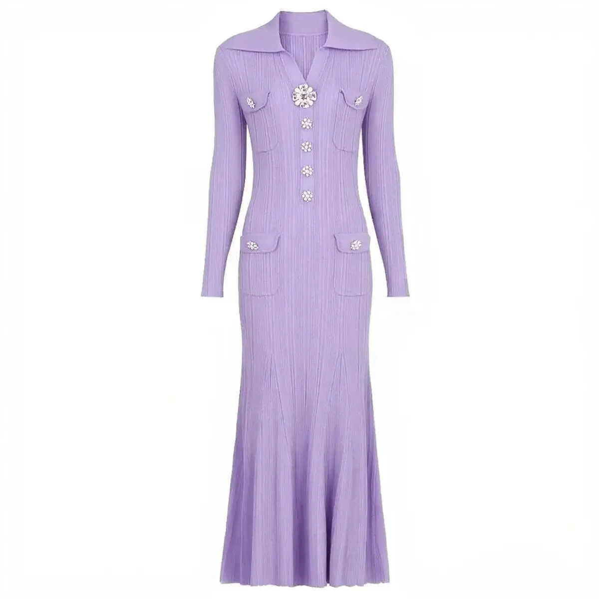 ชุดเดรสไหมพรมแขนยาว LEOSOXS ปกเสื้อปักเลื่อมติดกระดุมทรงหางปลา ชุดเดรสยาวทรงเข้ารูปสำหรับผู้หญิง ฤดูใบไม้ร่วง ทรงสลิม เซ็กซี่ เสื้อผ้าปี 2025