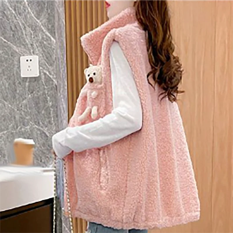 Winter Women Loose Lamb Wool Vests Three-Dimensional Bear Fashion Elegant Korean Coat Lady Casual Thicken Warm Sleeveless Coat