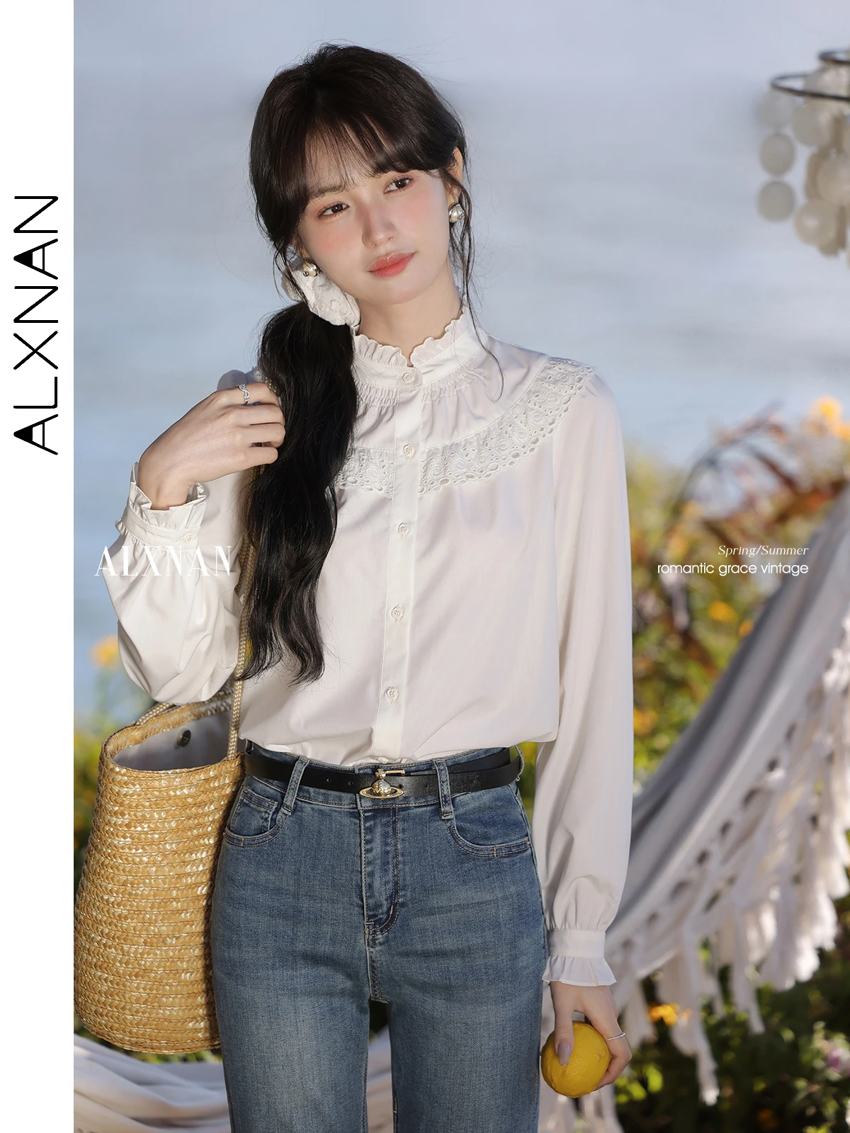 

ALXNAN White Shirt French Vintage Elegant Long Sleeve Blouses 2025 Autumn Ruffled Design Holiday Women's Long Sleeve Top L529117