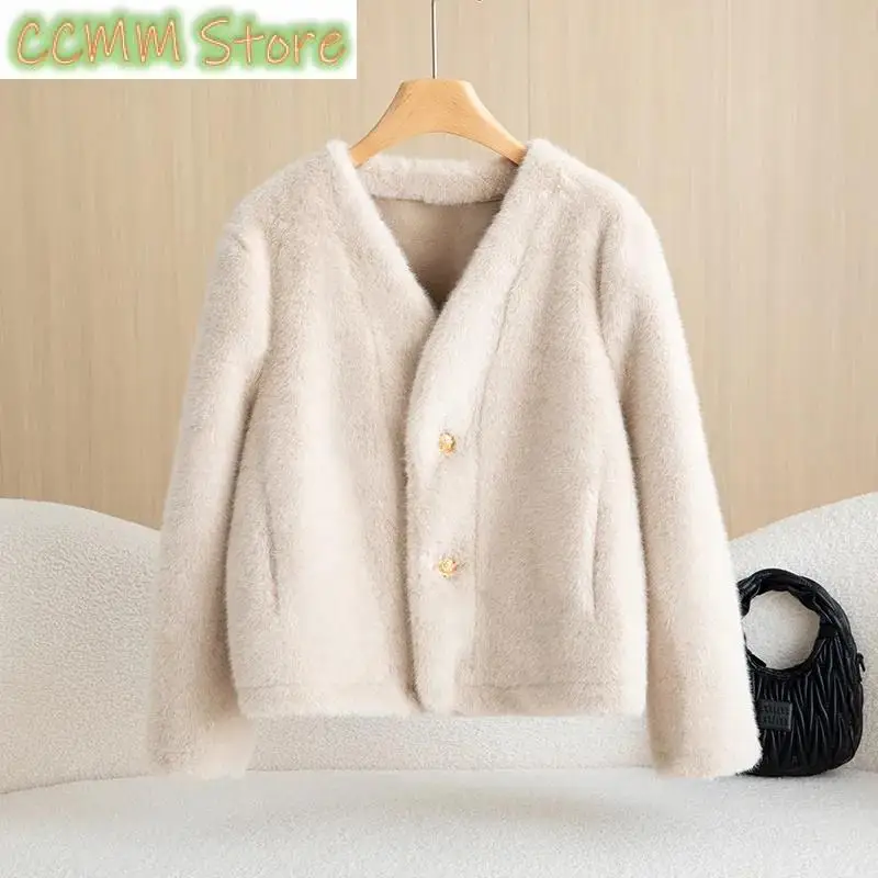 Fur-Fur Integration Jacket High-Quality Mink Coat Women Autumn Winter New Light Luxury Mao Mao Overcoat Ladies V-Neck Tops