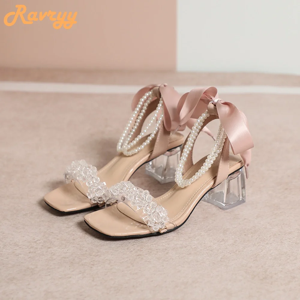 2024 New Fashion Butterfly Knot Sandals String Bead Pearl Clear Crystal Chunky Heel Sweet Shoes Square Toe Ankle Strap Sandals