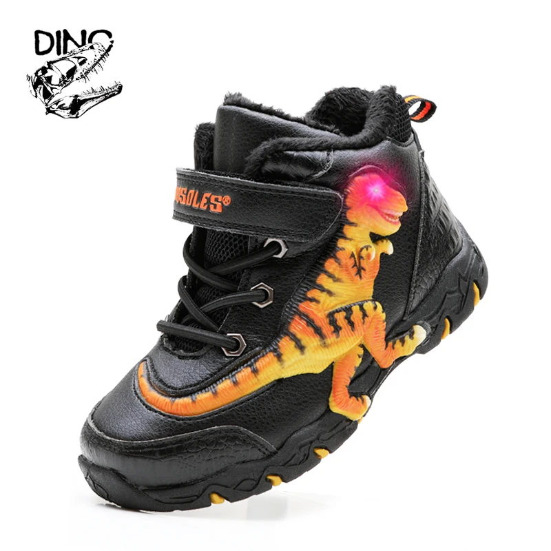 DINO T-REX LED Winter Children Boys Boots Genuine Leather Warm Plush Inside Kids Light Up Eyes Flashing Girls Outdoor Footwear