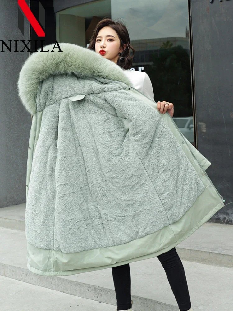 الجديد في الشتاء سترة نسائية من القطن القطيفة معطف سميك مع غطاء محرك السيارة ميدي طويل من الصوف طوق دافئ مبطن ملابس نسائية ساخنة