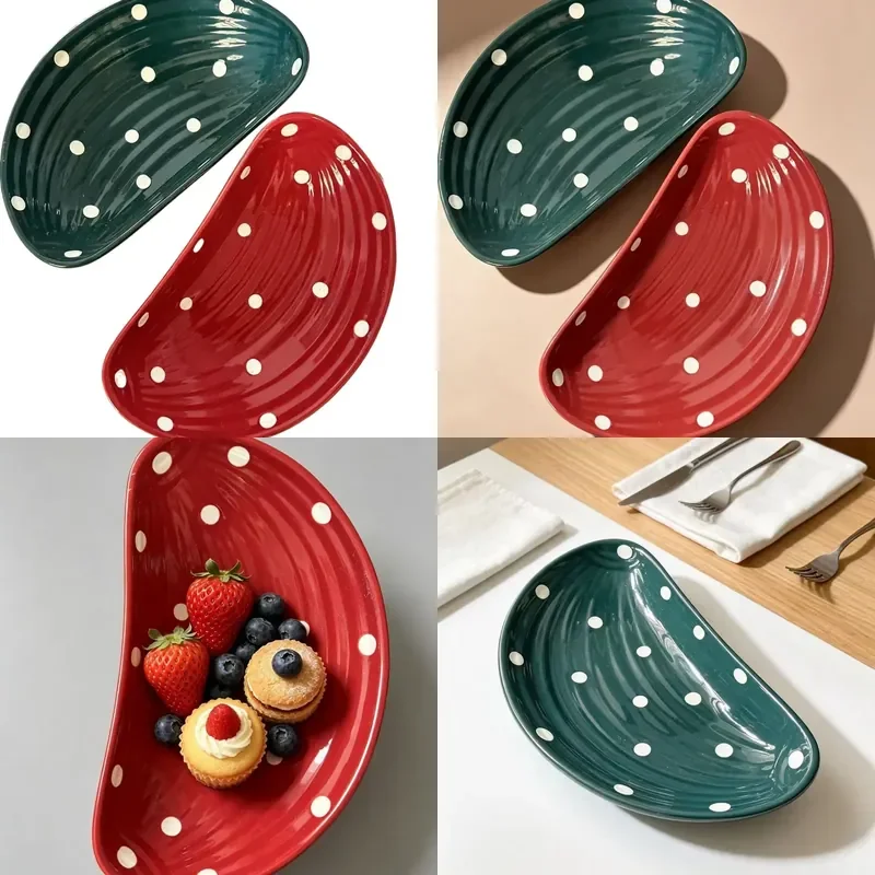 Retro Polka Dot Crescent Moon Plate Special Shaped Ceramic Dish for Household Cold Dish Snack Restaurant Fruit Salad Serving