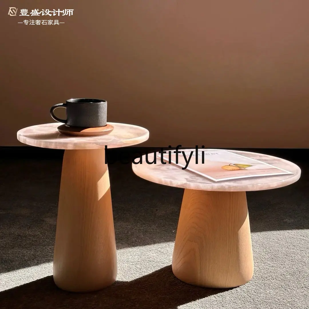 

French Retro Pink Crystal Luxury Stone Edge Natural Marble Coffee Table Minimalist Designer