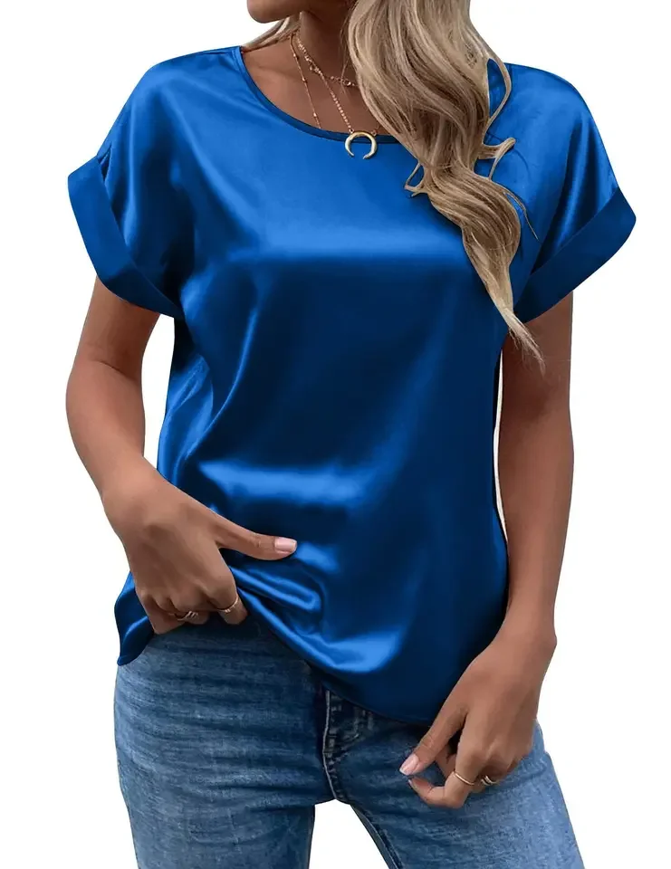 Lente en zomer nieuwe dames satijnen shirt met korte mouwen losse casual ronde hals gekleurde Ding T-shirt dames