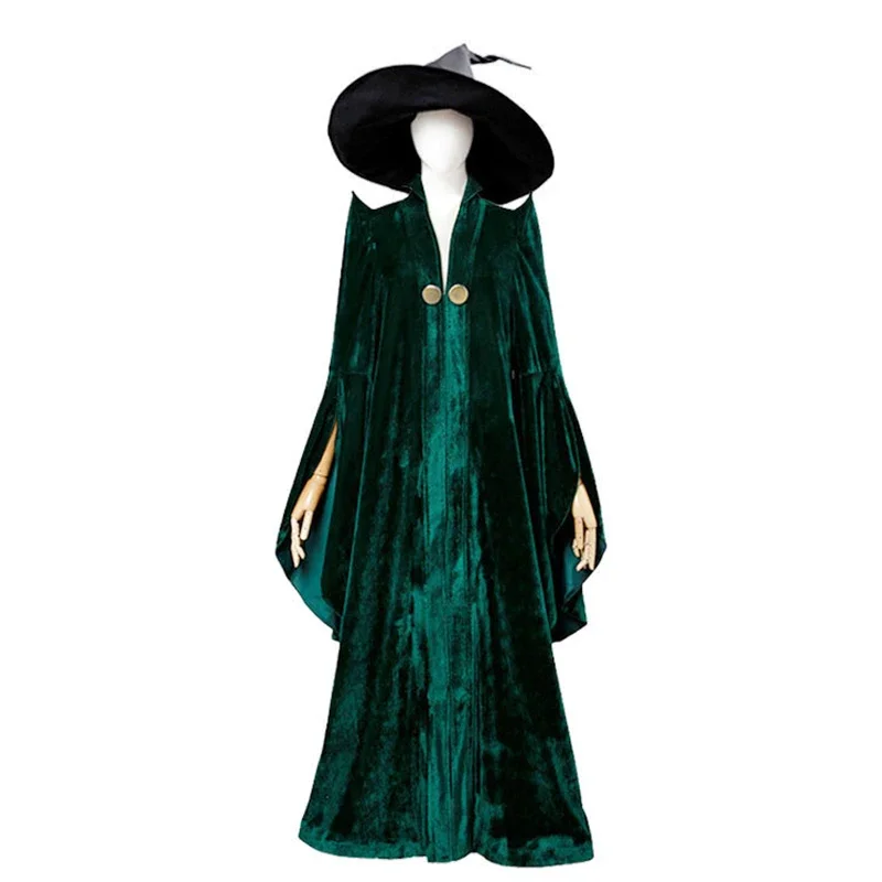 Professor Minerva McGonagall Cosplay Costume Adult Women Green Dress Hat Suit Halloween Outfit Uniform