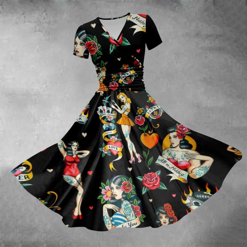 Cartoon Rose Girl Dress Fashion Party Dresses Short Sleeve Womens Dresses Vintage Beautiful Elegant Robe Lady Vestidos Clothing