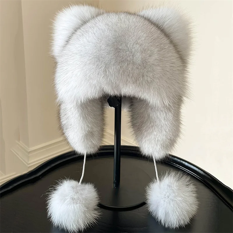 100% Natural Fox Fur Hat Women Cap Thick Fur Cap Winter Warm Hat Female Russian Hat Bonnet For Women Hat With Earmuffs Hat