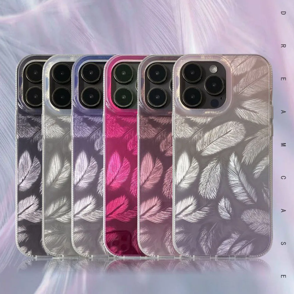 Luxuriöse Laser-Farbverlaufs-Feder-Handyhülle für iPhone 13 Pro 12 11 15 Pro Max 15 14 Pro, stoßfeste bunte Bling-Silikonhülle