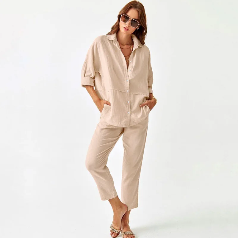 2 Piece Sets Muslin 100% Cotton Women Solid Tracksuit Outfits Loose Casual Long Sleeve Button Shirts High Waist Pants 2024 Suits