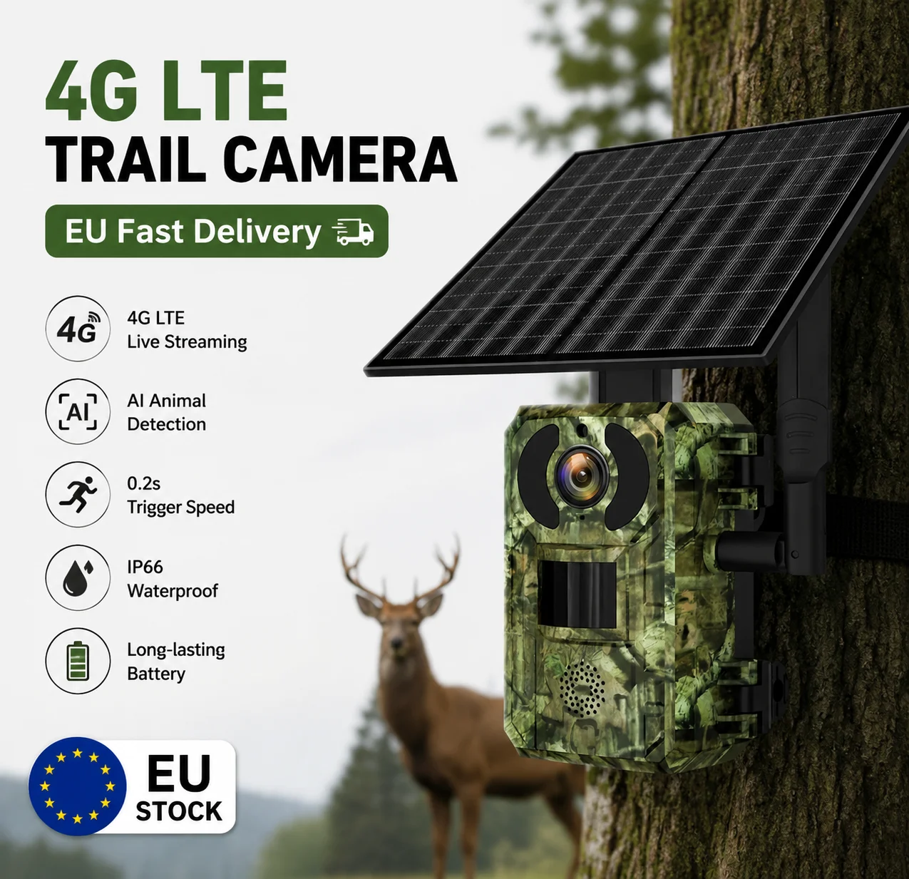 Wildkamera, KI-Tiererkennung, Mobilfunk-Wildkameras, Live-Streaming-Wildkamera mit eingebauter 4G LTE SIM-Karte und unbegrenztem Datenpaket, bewegungsaktivierter 0,2s-Auslöser, IP66 wasserdicht.