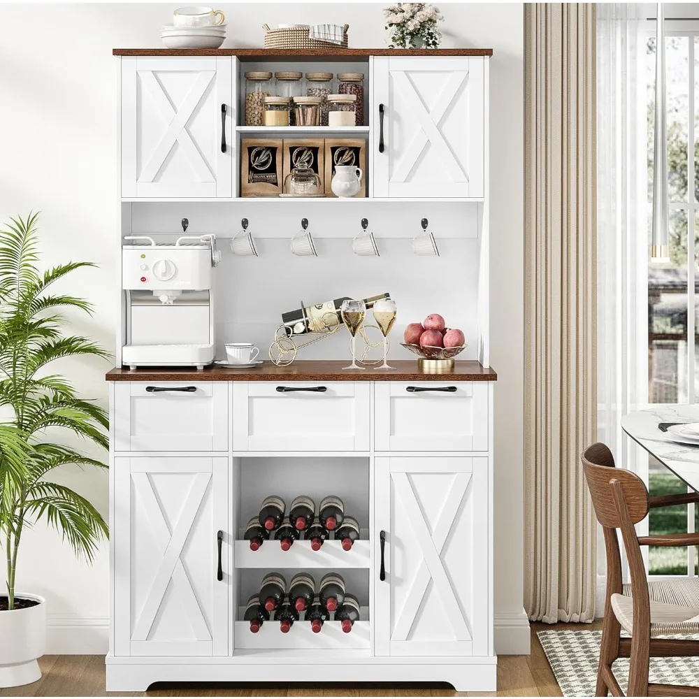 

72" Large Kitchen Pantry Storage Cabinet with Barn Doors & Shelves & Drawers, Farmhouse Tall Kitchen Hutch with Bar Cabinet