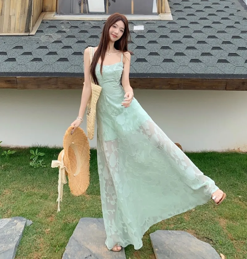 ドレス レディースドレス かわいい 夏 レーヨン スパゲッティストラップ バックレス プリーツ フレア スイング ホローアウト キュート リゾート ホリデー 通勤