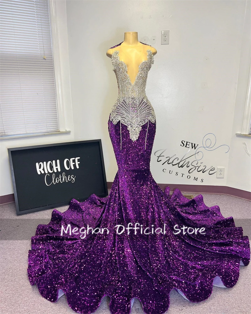 Dark Purple O Neck Sequined Long Prom Dresses For Black Girls Beaded Crystal 2024 Birthday Luxury Dress Tassel Customized