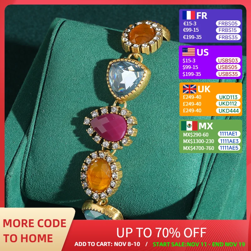

Vintage Natural Stone Blue Orange Bracelet Water Droplet Crystal Gold Color Rhinestone Zircon Luxury Brands Woman Jewelry New