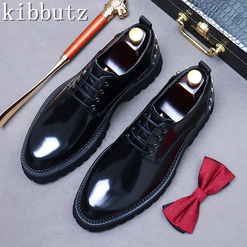 

Men's New Business Formal Leather Shoes Thick Soled Rivet Decor Lace Up Cowhide British Style Casual Shoes