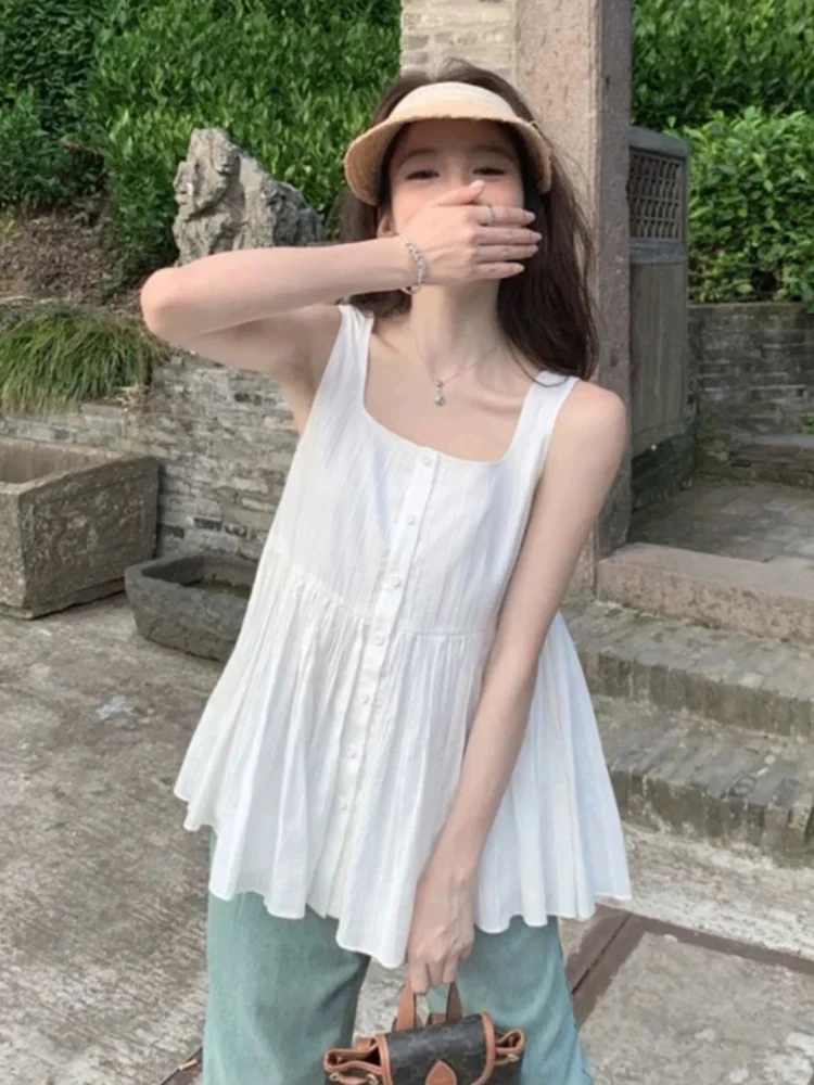 

Pure Desire Svel White Strap Vest Top Women Loose Sweet Aosphere Design Sense Small irt 2025 Summer New Arrival
