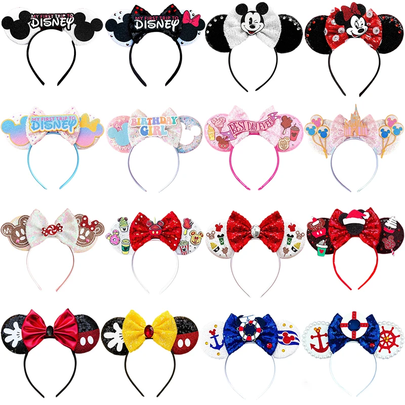 Cute Minnie Mickey Mouse Ears Headband Women MY FIRST TRIP TO DISNEY Hairband Kids Disneyland Sequins Bow Hair Accessories Girls