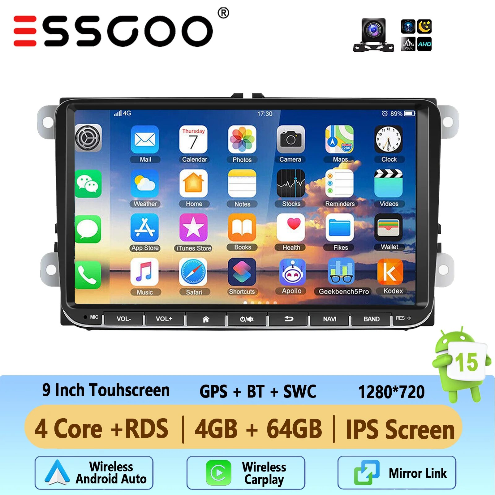 ESSGOO 9 inch Android 15 64GB autoradio voor VW Golf MK5 6 Passat Polo Touran Caddy EOS Jetta Seat Skoda met draadloze Carplay GPS navigatie BT