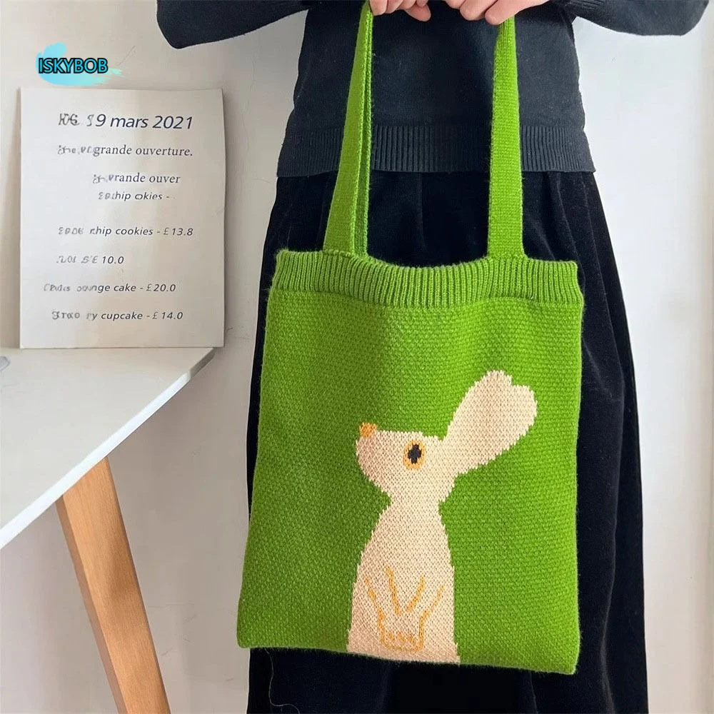 

Simple Animal Rabbit Handbag Handmade Boho Knitted Tote Bag Large Capacity Green Weave Shoulder Bag Shopping