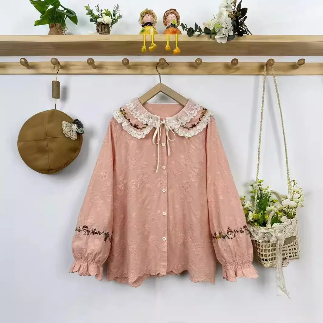 Mori Kei Clothing Japanse Sweet Lolita Lace Floral Embroidery Shirts Women Kawaii Peter Pan Collar Long Sleeve Cotton Blouse Top