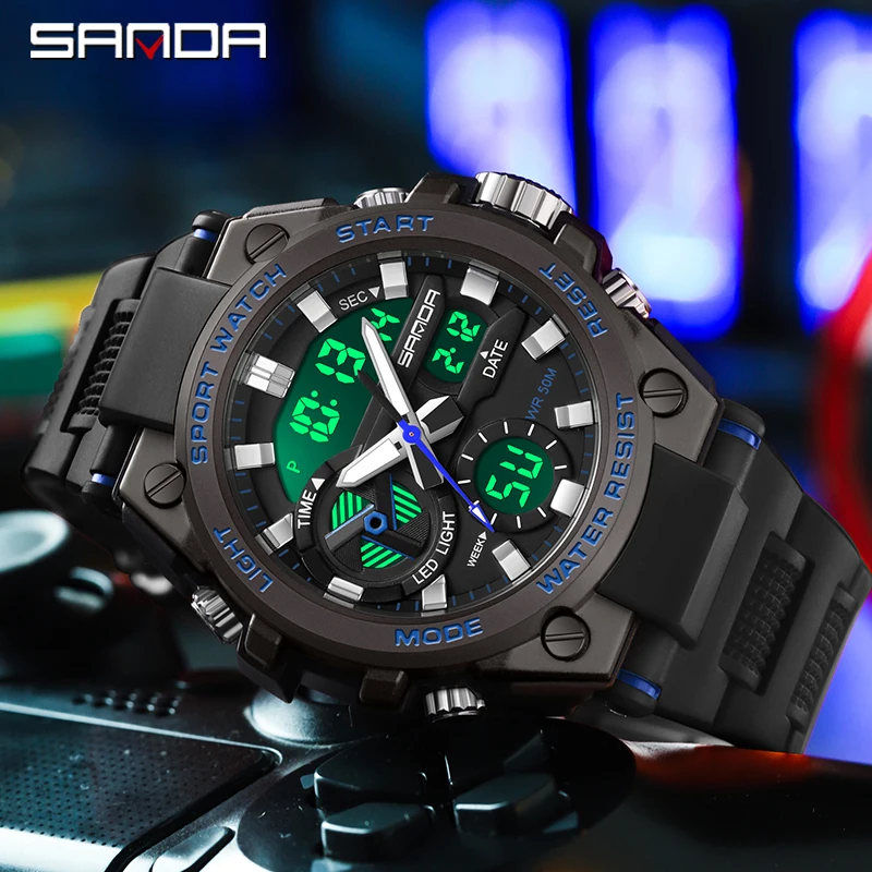 SANDA Outdoor Sport Military Men Watches 50M Waterproof Quartz Wristwatch LED Digital Electron Watch for Male Relogios Masculino