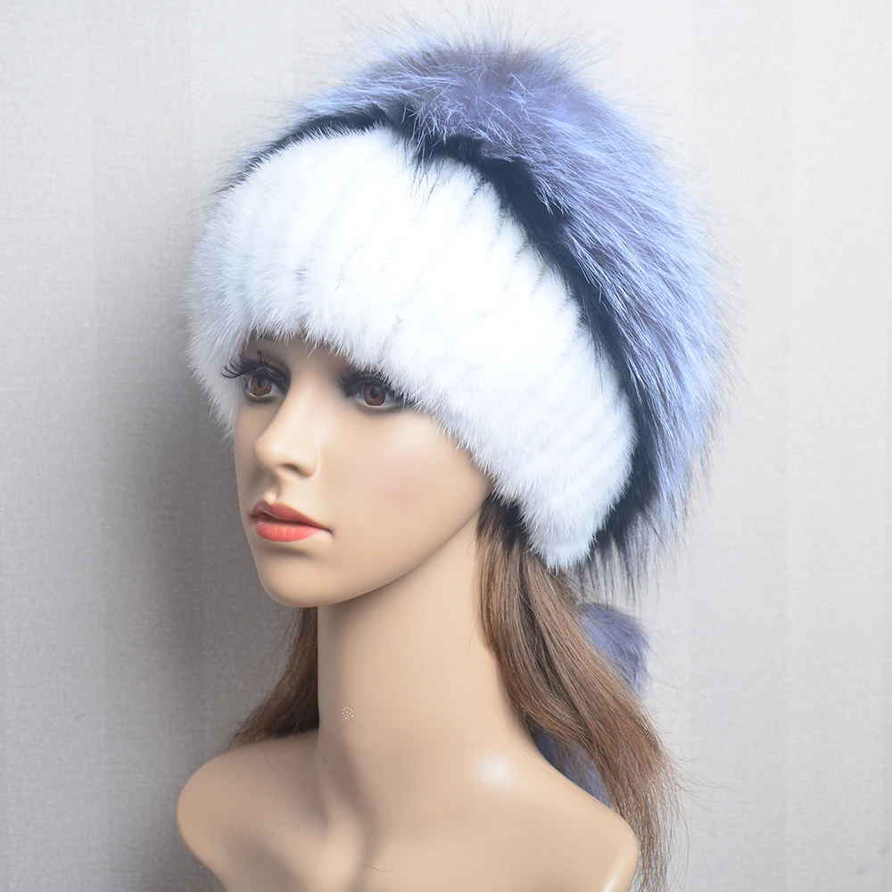 Women\'s Winter Fur Hat Natural Fur Knitted Mink Fox Pom Pom Fur Hats With Balls Stylish Warm Fashion Girls Beanies Hat