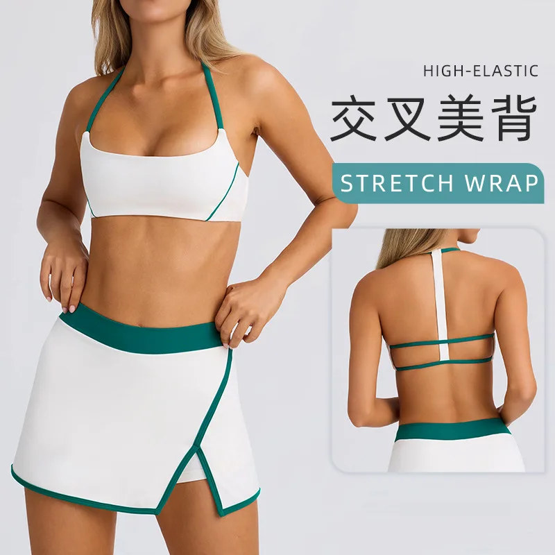 

Tennis Skort Yoga Bra Top Shorts Tracksuit Women Sport Set Badminton Golf Wear 2024 Green Black Pink Fitness Gym Outfit Workout