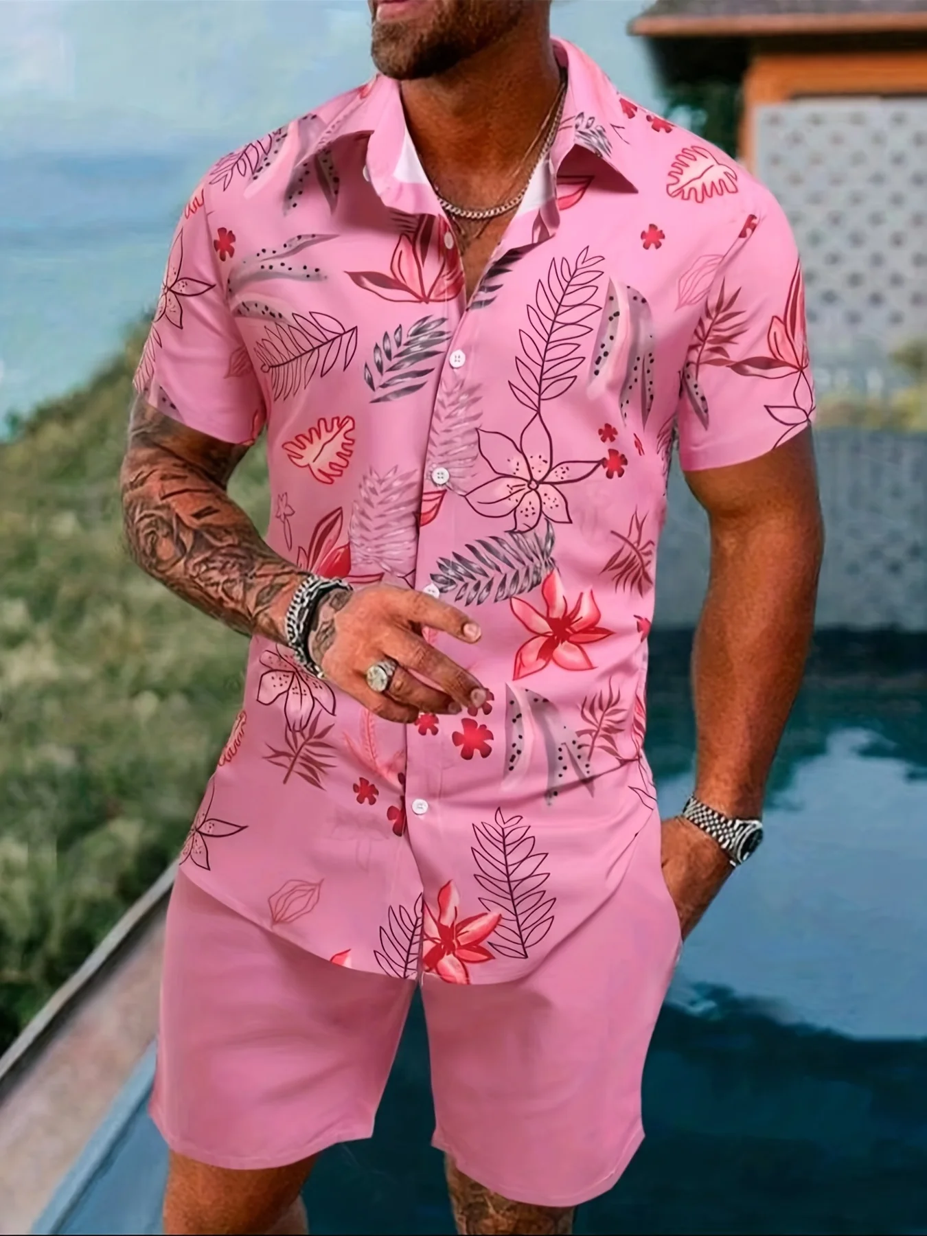 Conjuntos de verano para hombre, camisa informal de manga corta con solapa impresa, pantalones cortos de playa, ropa de calle, trajes Hawaianos para