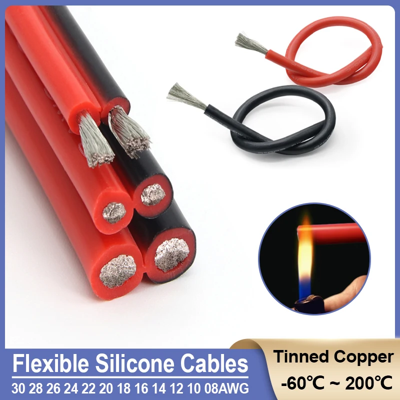 2Pins and Black Red Soft Silicone Cables 08 10 12 14 16 18 20 22 24 26 28 30 AWG Solar Panel Car Battery Flexible Electrica Wire