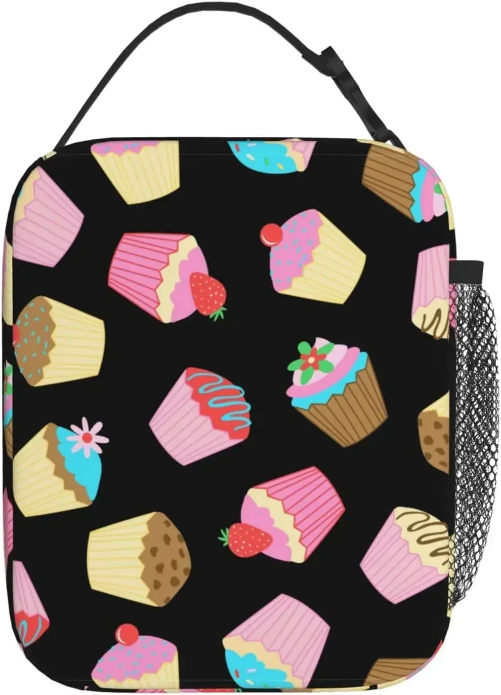 Lovely Colorful Cupcake Reusable Lunch Bag Insulated Cooler Tote Bag Lunchbox with Side Pockets For Women Men Work Office Picnic