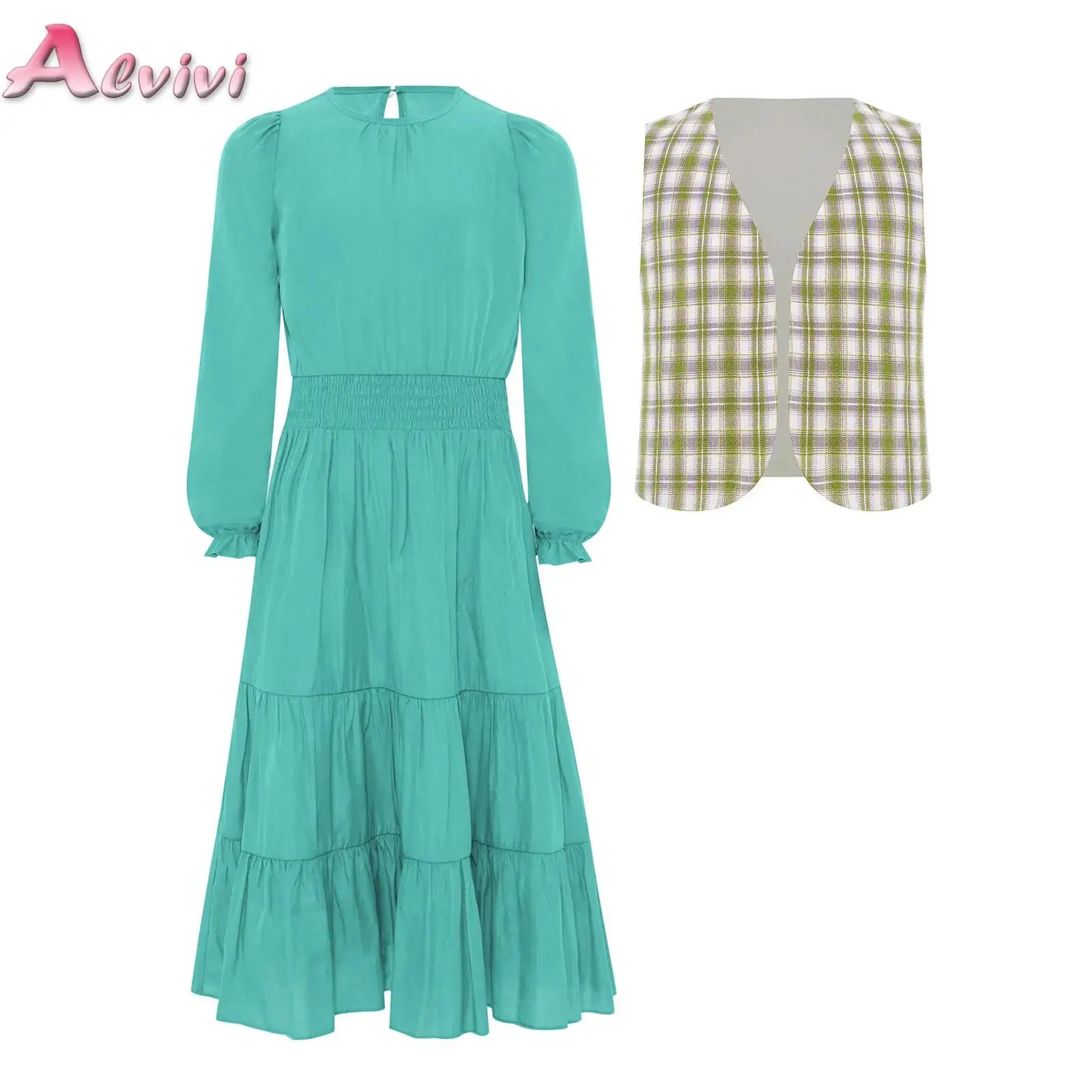 

Kids Girls 2Pcs Costumes Long Puff Sleeves Smocked Waist Tiered Ruffled Dress and Plaid Checkers Vest Open Waistcoat for Spring