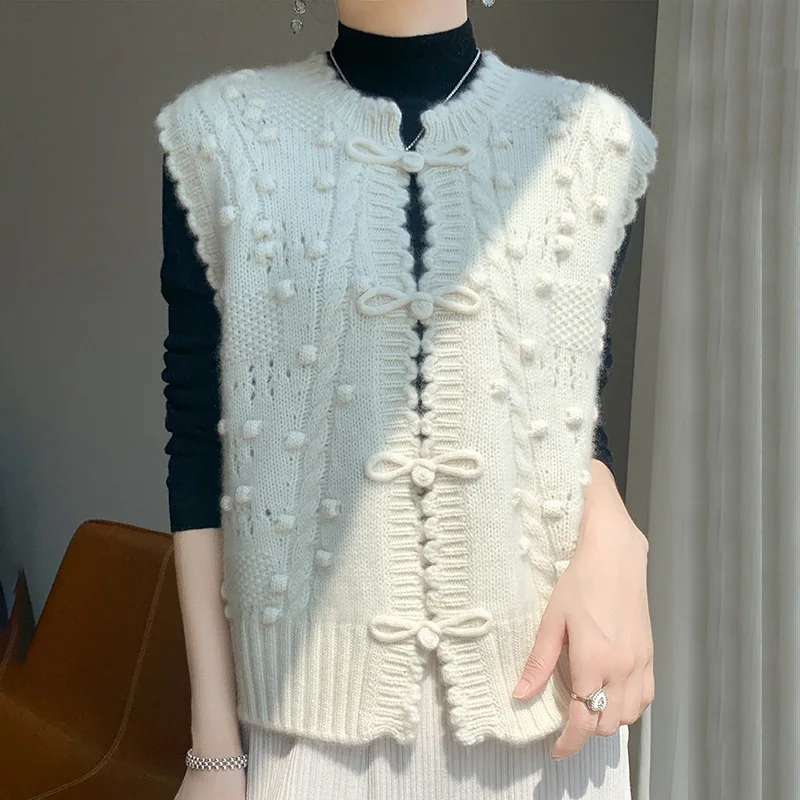 2024 New Knitted Cardigan Vest Women Spring Autumn Loose Temperament Sleeveless Knitwear Waistcoat Jacket Female Top