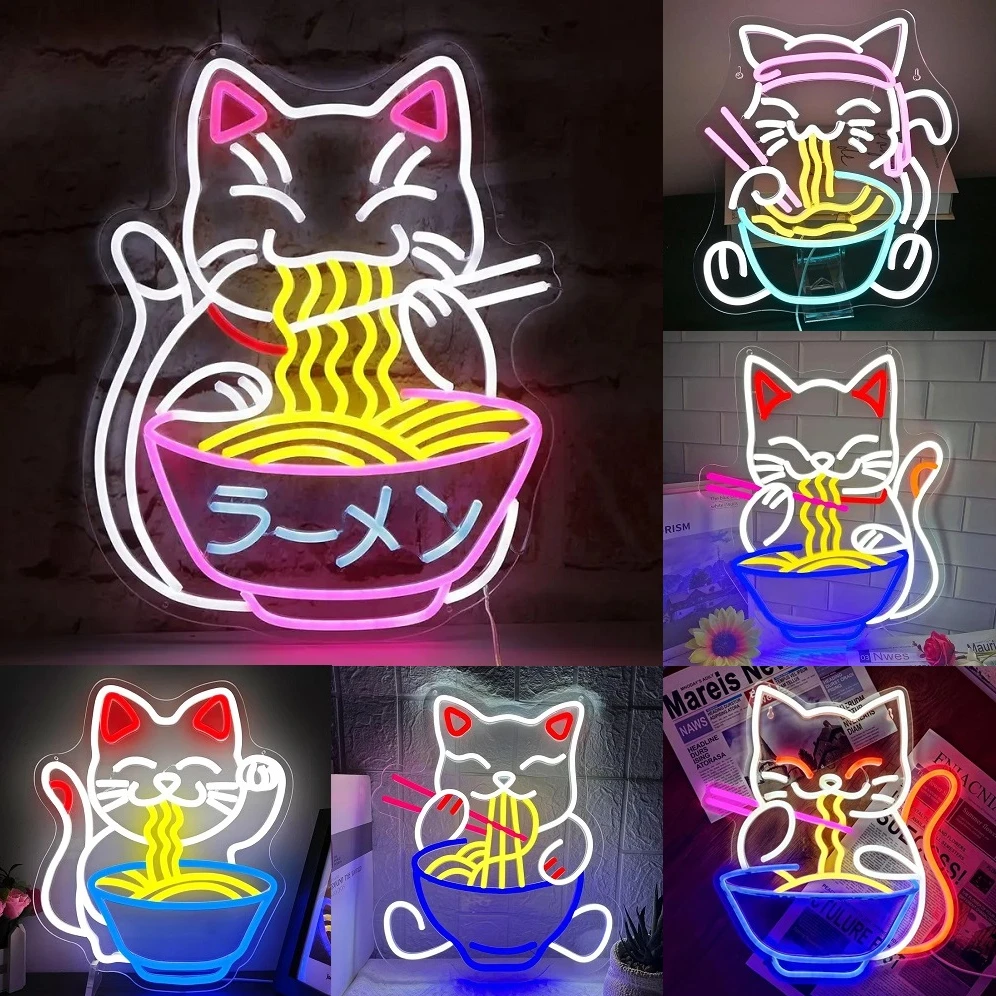 

Fortune Lucky Cat Ramen Neon Signs For Wall Decor Anime Japanese Cat Noodle Room Decoration For Resturant Bar Kitchen Party
