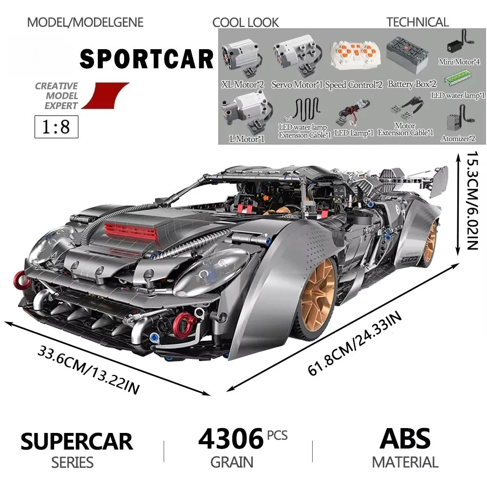 3903pcs 1:8 Super Sports Car Building Block GULY10629 MOC Can Remote Control Speed Vehicle Model Black Bricks Toy for Boys Adult