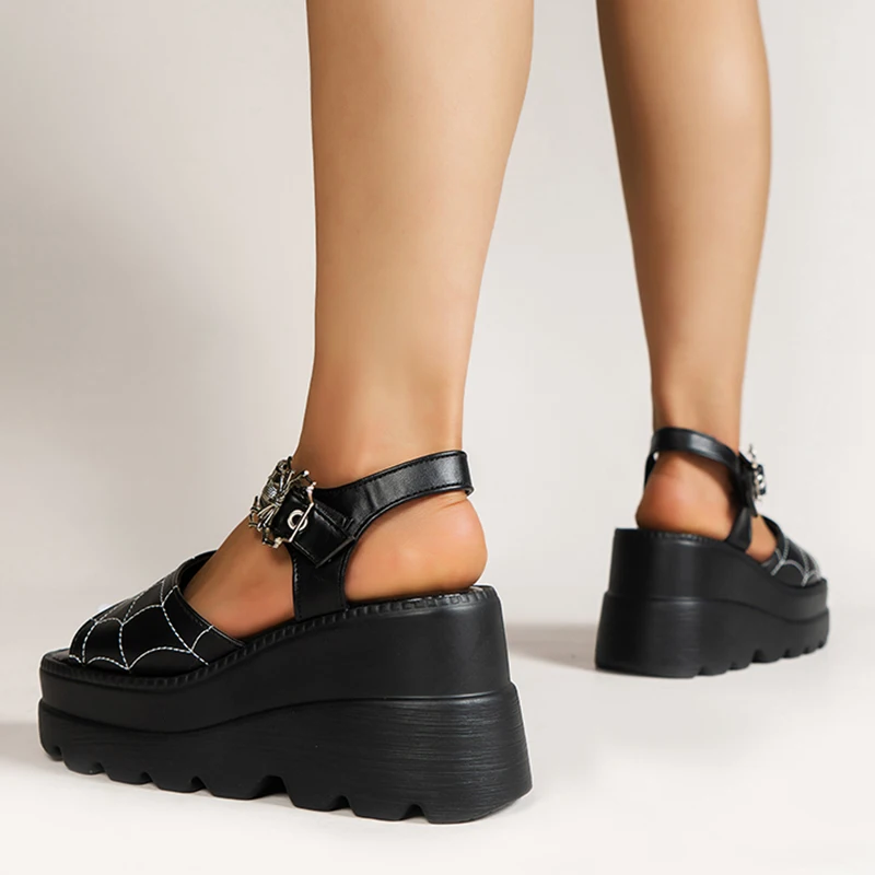 Punk Chunky Platform Sandals Women Summer 2023 Y2K Wedge Heeled Sandals Woman Plus Size 43 Patent Leather Black Gothic Shoes