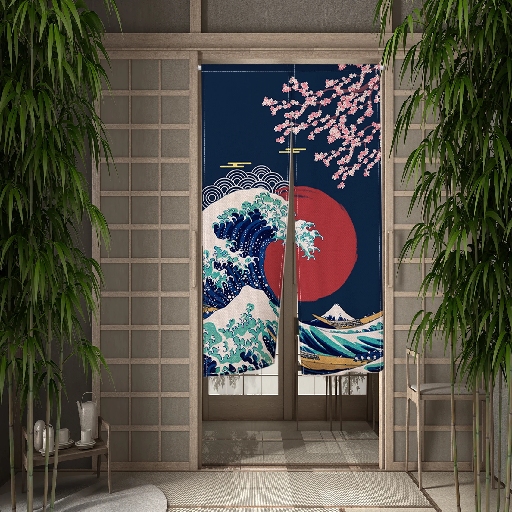 Japanese Wave Red Sun Door Curtain Noren Kitchen Dining Room Living Partition Bedroom Doorway Blackout Half Curtains 2 Panels