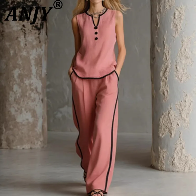 

ANJY Летний новый женский комплект: элегантный жилет без рукавов с V-образным вырезом и контрастными вставками, а также свободные повседневные брюки с широкими штанинами A21780