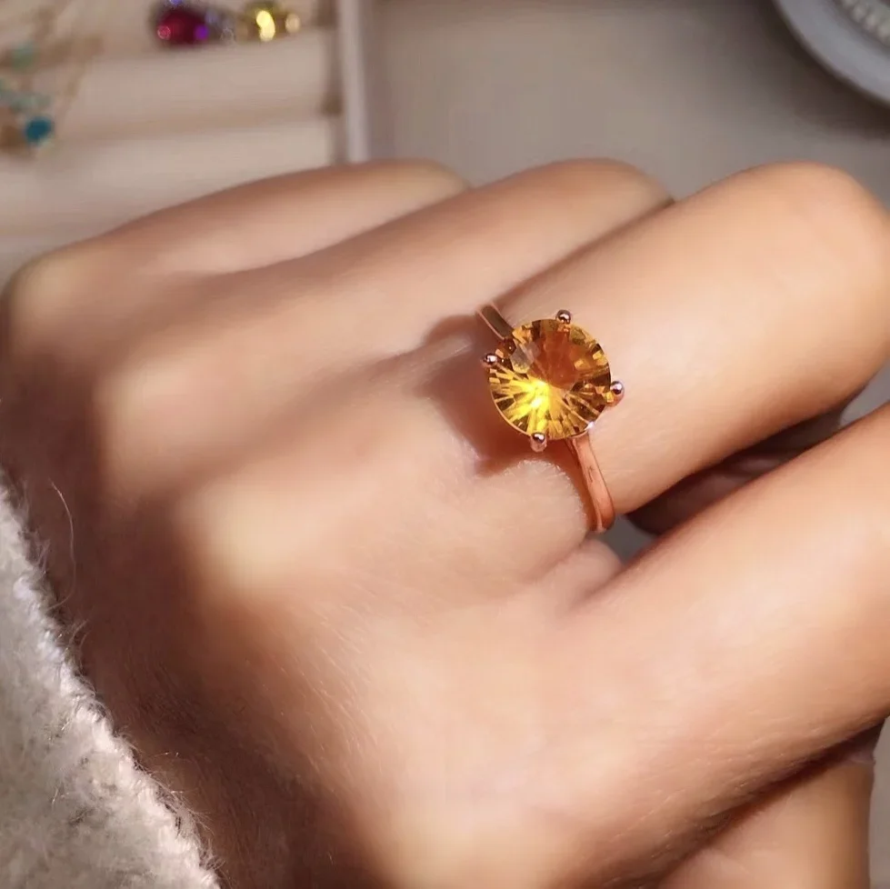 

Hotsale Silver Yellow Crystal Ring 8mm VVS Grade Natural Citrine Ring 925 Silver Citrine Jewelry