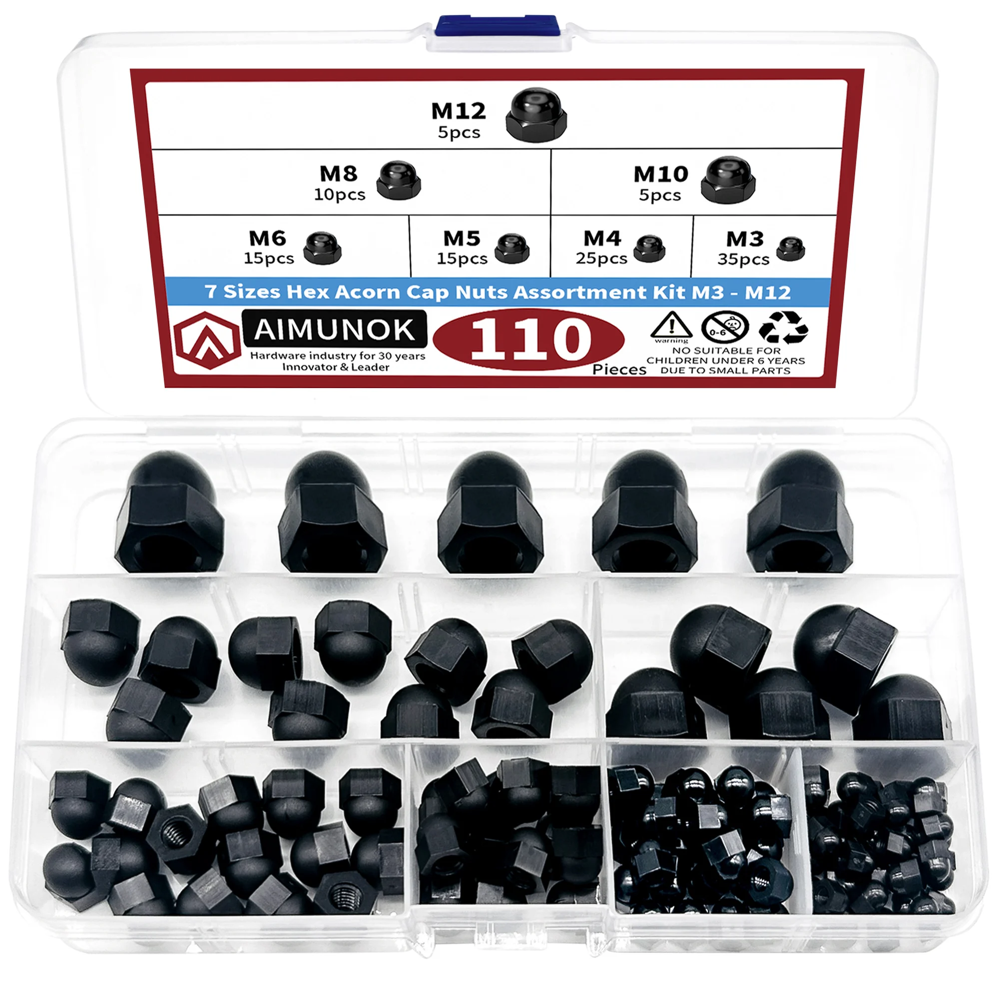 

110pcs 7 Sizes Hex Acorn Cap Nuts Assortment Kit M3 - M12 Black Round Head Cap Protects The Decoration