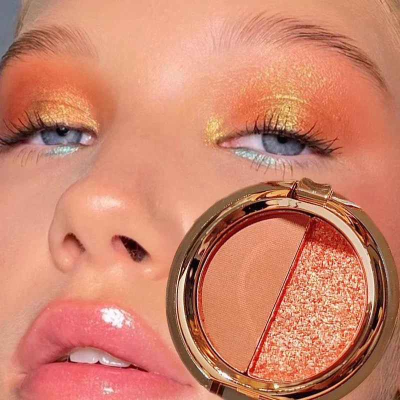 Zweifarbige Lidschatten Tablett matt gold orange dauerhafte Glitzer Lidschatten Palette Make-up tragbare Pailletten Perl glanz Augen Kosmetik