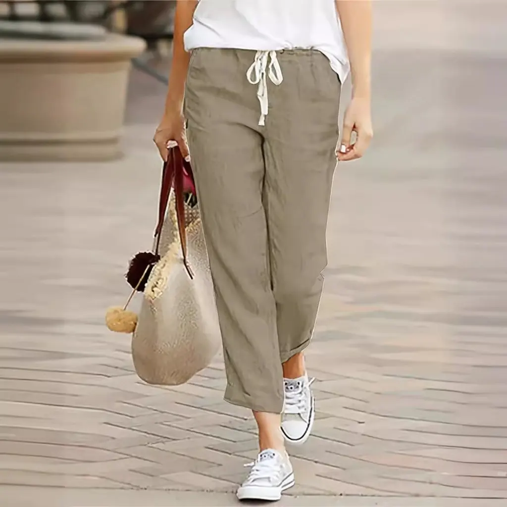 محطة مستقلة توم حجم كبير مع جيب المرأة القطن الكتان اقتصاص سراويل تقليدية المرأة عادية فضفاض الدانتيل متابعة السراويل