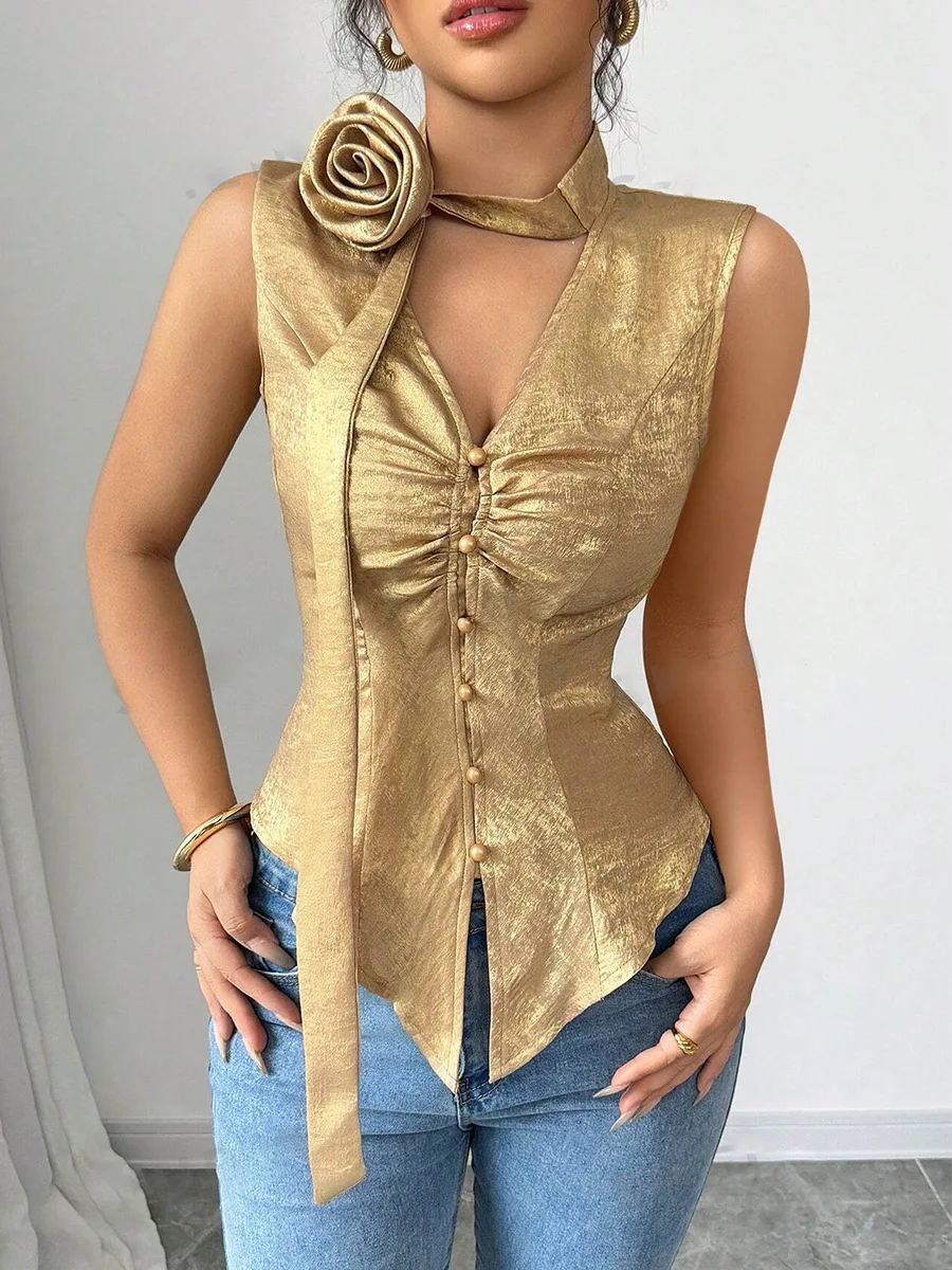 

Women's Vest 2026 Spring Summer New Solid Color Deep V-Neck Sleeveless 3D Flower Design Slim Fit Daily Casual Shirt Top