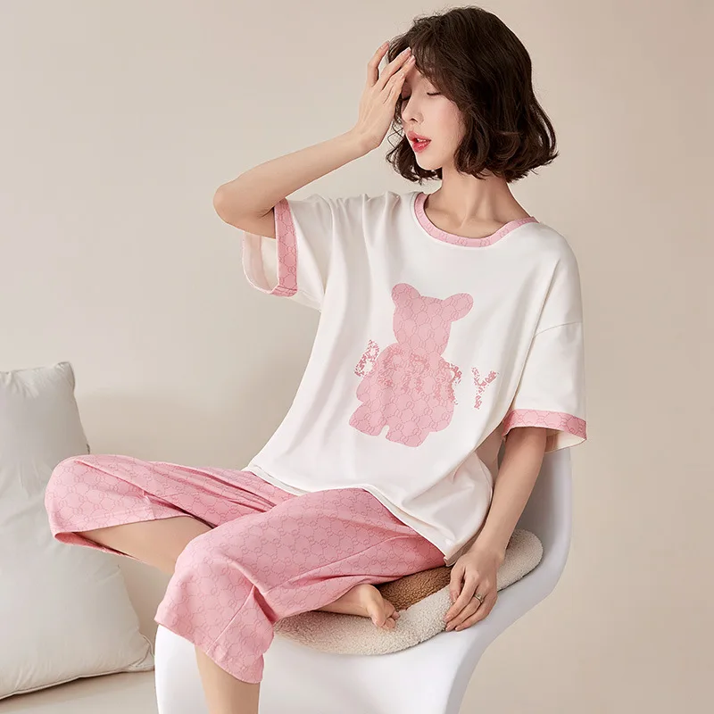 2023 Cotton pajamas women's summer short-sleeved cropped pants cartoon cute ladies plus size home service
