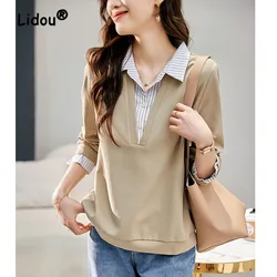 Fashion Contrasting Colors Fake Two Pieces Blouse Women New Classic Long Sleeve Office Slim All-match Lady Polo Collar Shirt